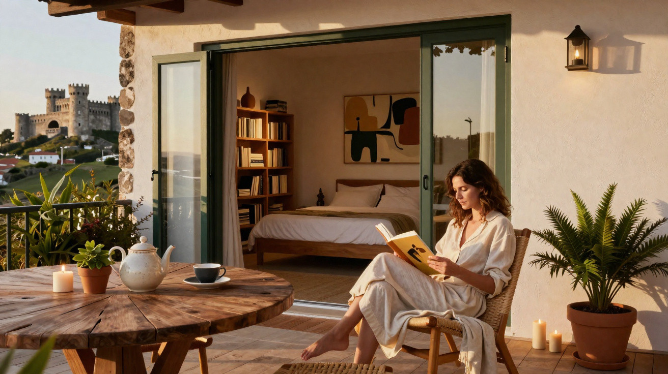 Frau liest Buch auf Terrasse mit Blick auf Schloss bei Sonnenuntergang, gemütliche Atmosphäre, Pflanzen und Kerzen.