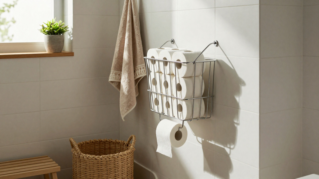 Badezimmer mit hängendem Drahtkorb voller Toilettenrollen, Handtuch, Korb und Fenster mit Pflanze.