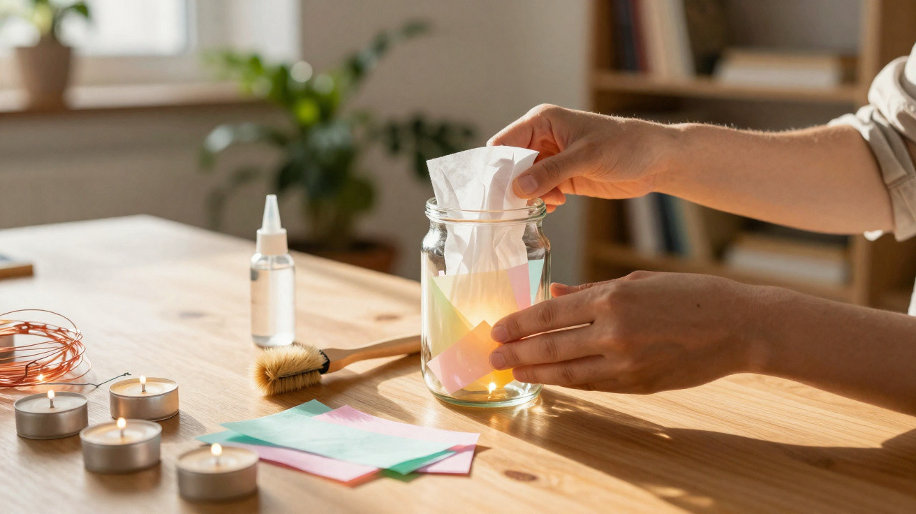 Hände legen Zettel und Papier in ein Glas auf Tisch mit brennenden Kerzen und Dekorationsmaterial.