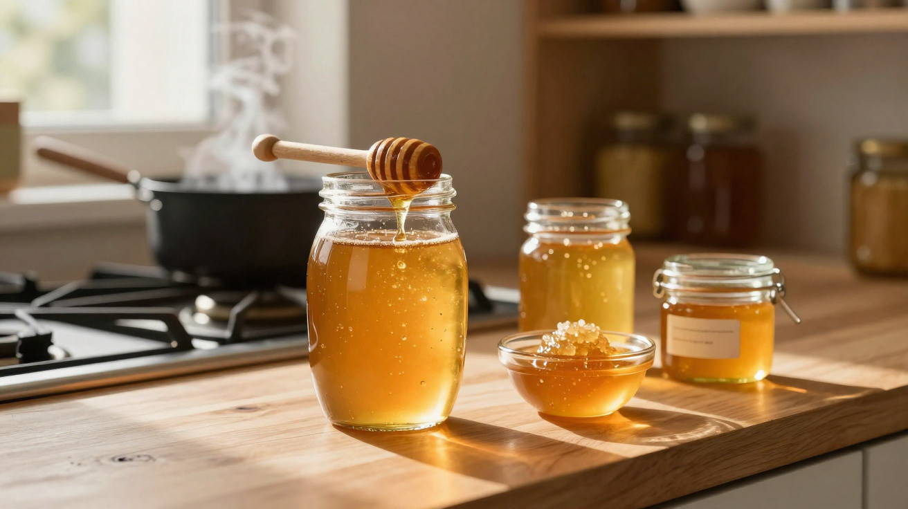 Verschiedene Gläser mit goldfarbenem Honig auf einer Küchenarbeitsplatte bei Sonnenlicht.