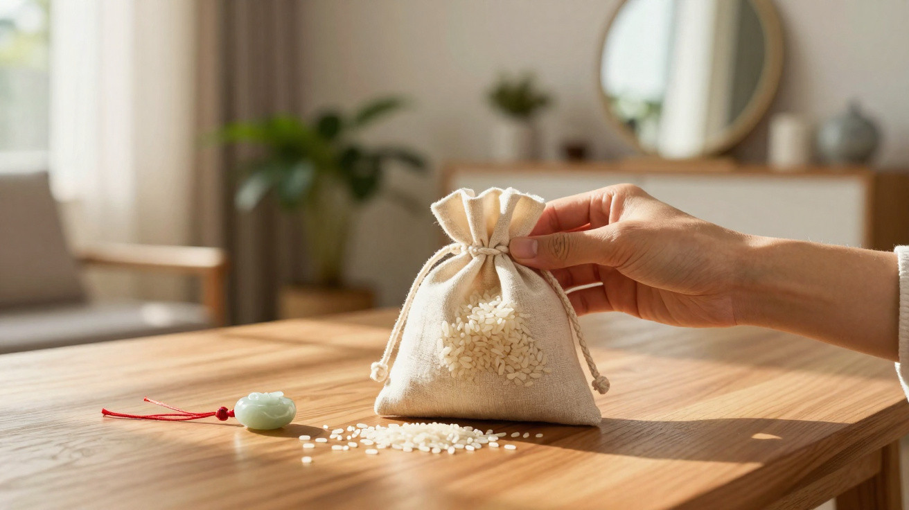 Hand greift kleinen Beutel mit Reis auf Holzoberfläche neben grünem Schmuckstück und unscharfem Hintergrund.