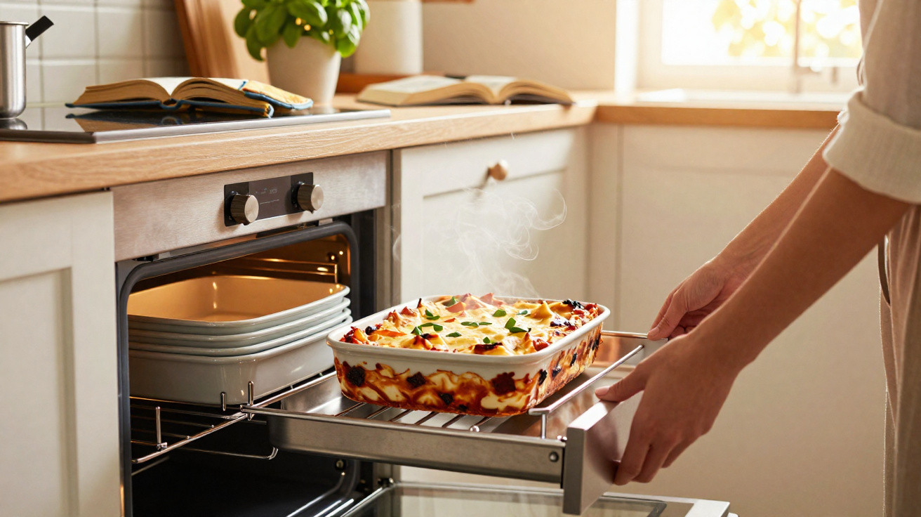 Person nimmt dampfenden Lasagne-Auflauf aus eingebautem Ofen in heller Küche