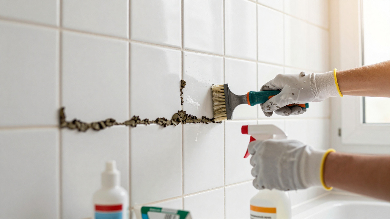 Person mit Handschuhen reinigt schmutzige Fugen zwischen weißen Wandfliesen mit Bürste und Sprayflasche.