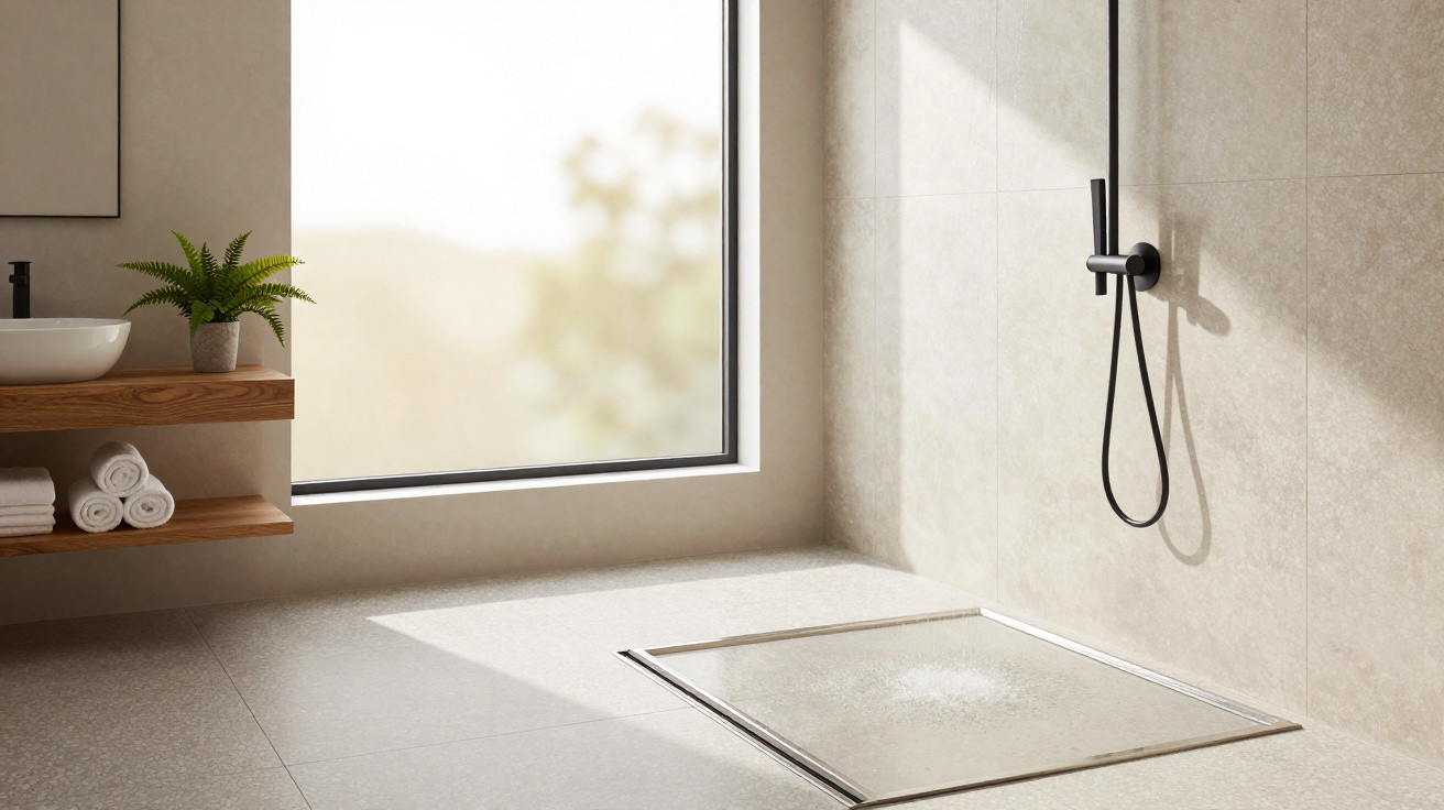 Modernes, helles Badezimmer mit bodengleicher Dusche, Holzregal mit Handtüchern und Pflanzen neben großem Fenster.