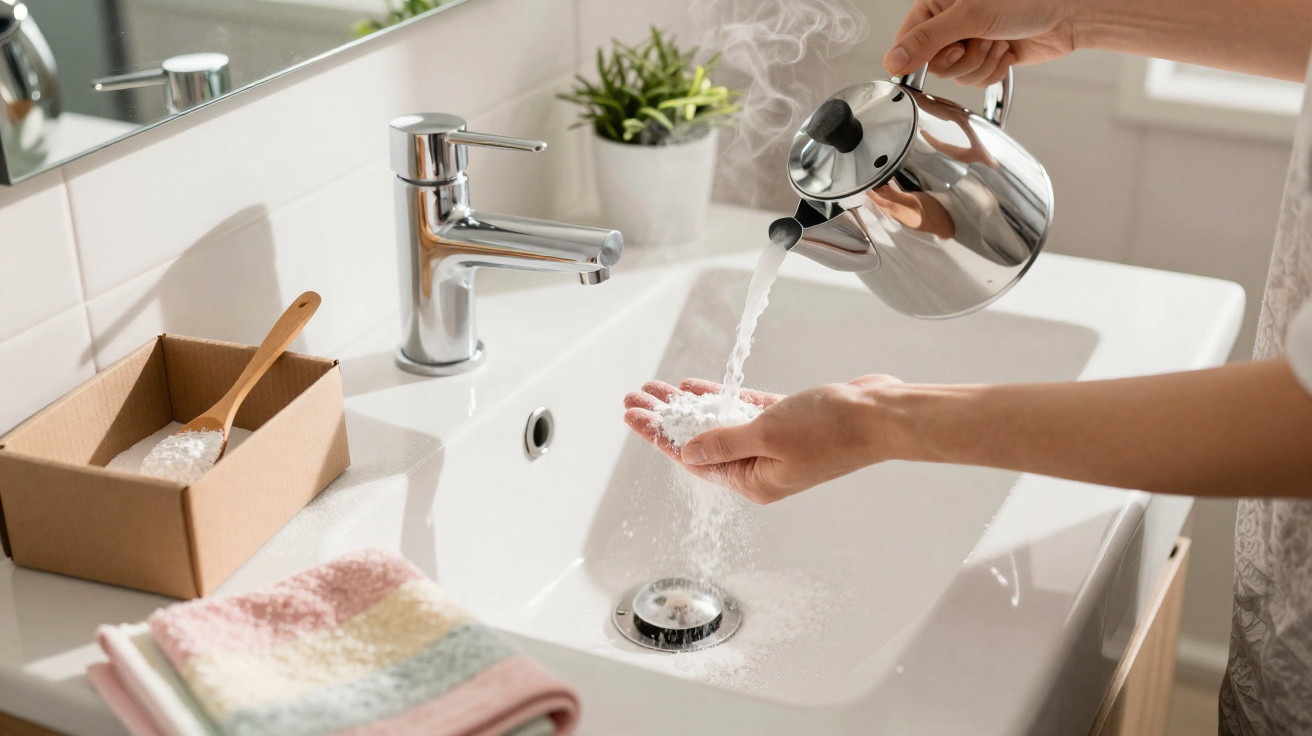Person schüttet Wasser aus Teekessel in Hand über Waschbecken in hellem Badezimmer.