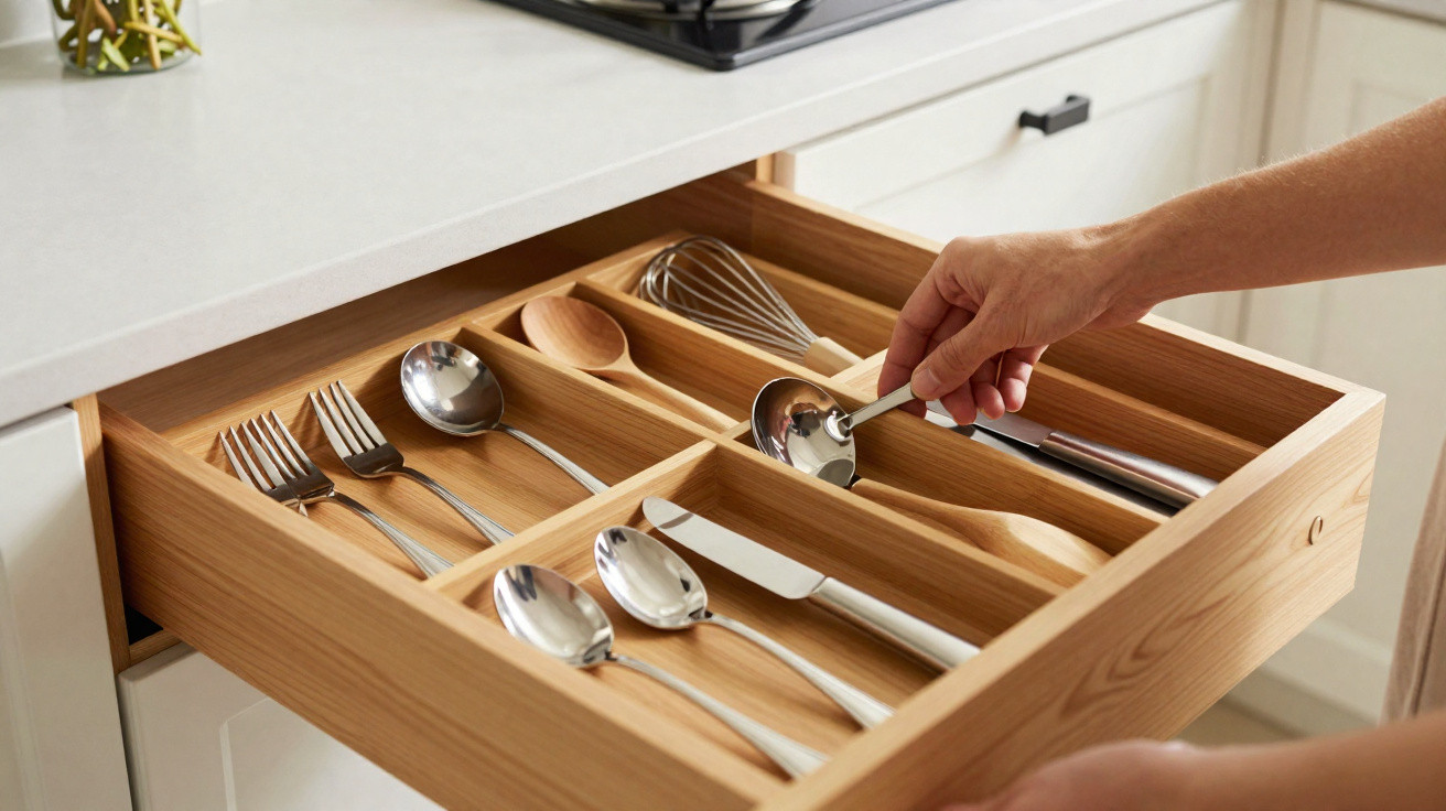 Offene Holzbesteckschublade mit Besteck und Küchenutensilien, Hand greift einen Löffel heraus.