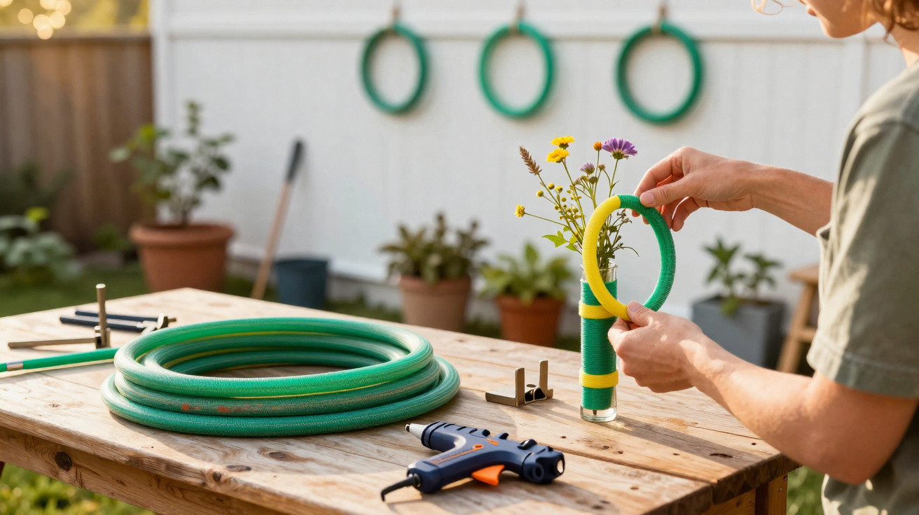 Person bastelt mit Gartenschlauchringen und Heißklebepistole eine Blumendekoration auf Holztisch.