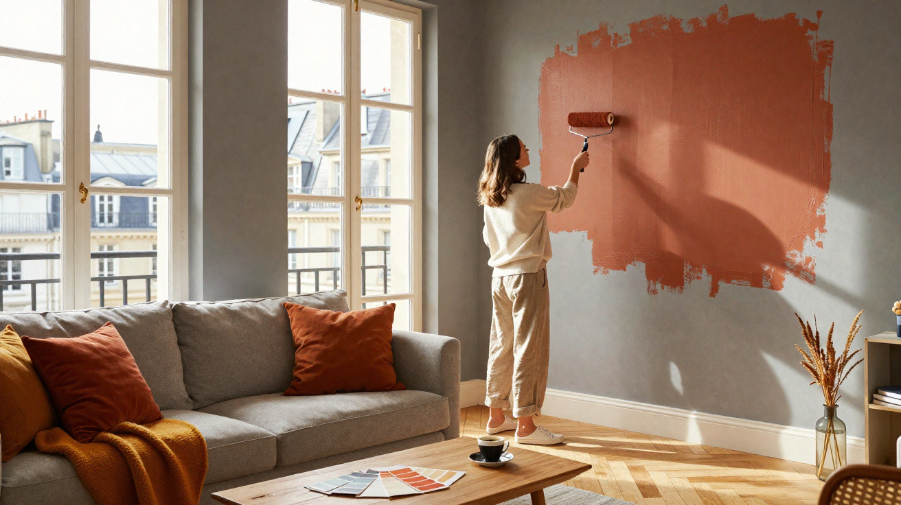 Frau streicht Wand mit roter Farbe im hellen Wohnzimmer mit Sofa, Kissen und Fensterfront.