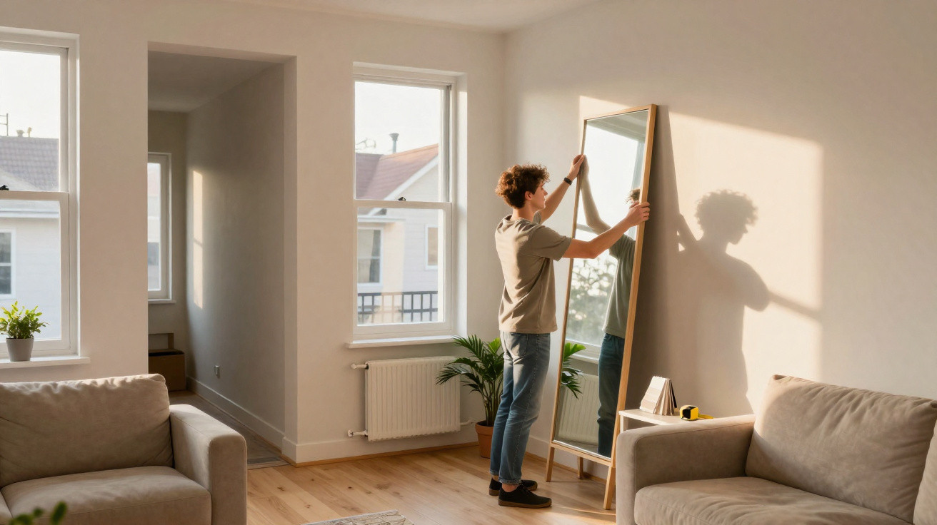 Junger Mann hängt großen Spiegel an Wand in hellem Wohnzimmer mit zwei Sofas und Pflanzen auf.