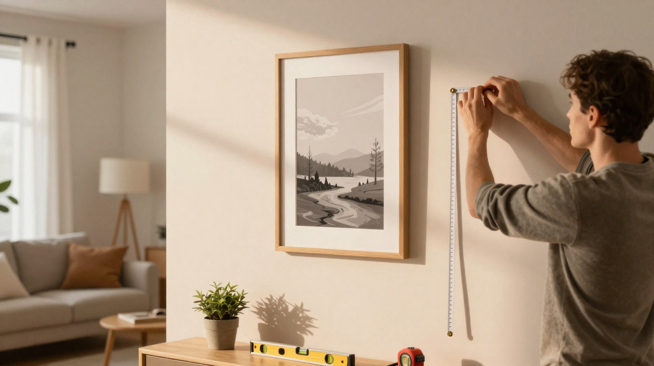 Mann misst Wand mit Maßband, um Bildrahmen in modernem Wohnzimmer aufzuhängen.