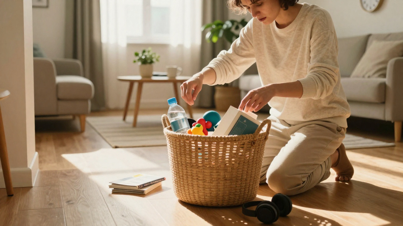 Frau sortiert Behälter mit Spielzeug, Flasche und Büchern in hellem Wohnzimmer mit Holzfußboden.