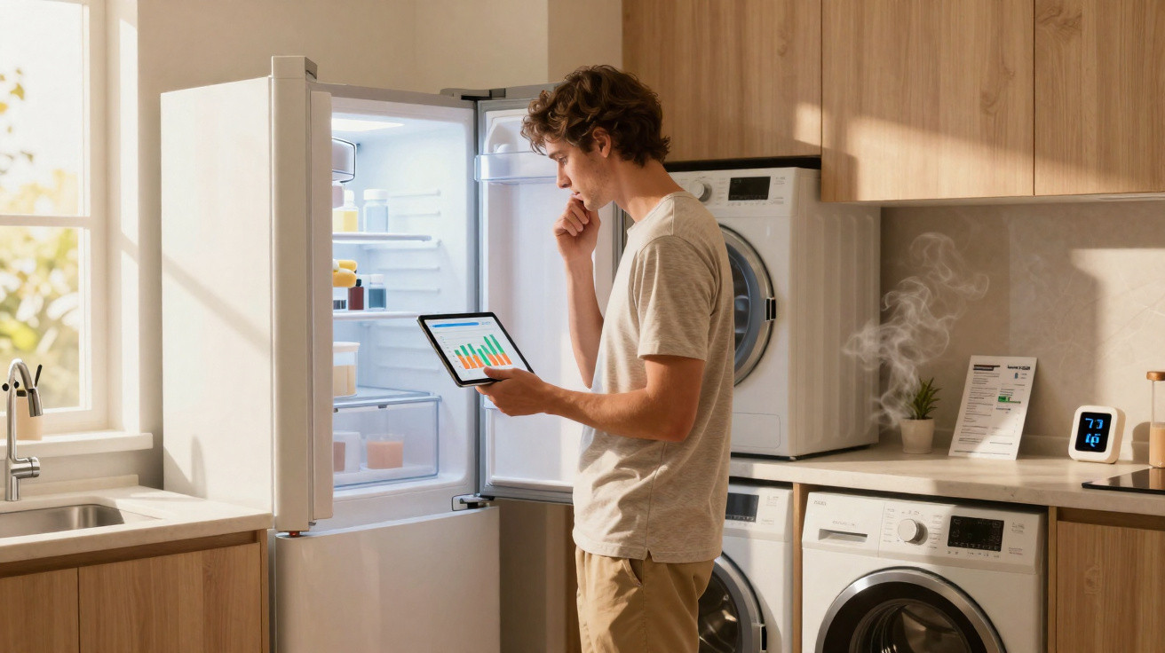 Mann steht vor geöffnetem Kühlschrank und betrachtet Diagramme auf einem Tablet in moderner Küche mit Waschmaschine.