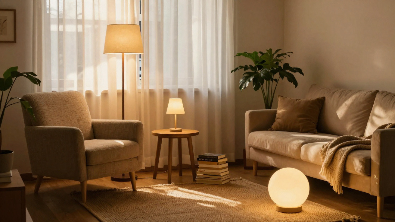 Gemütliches Wohnzimmer mit Sessel, Sofa, zwei Lampen, Pflanzen, Teppich und Büchern bei warmem Licht.