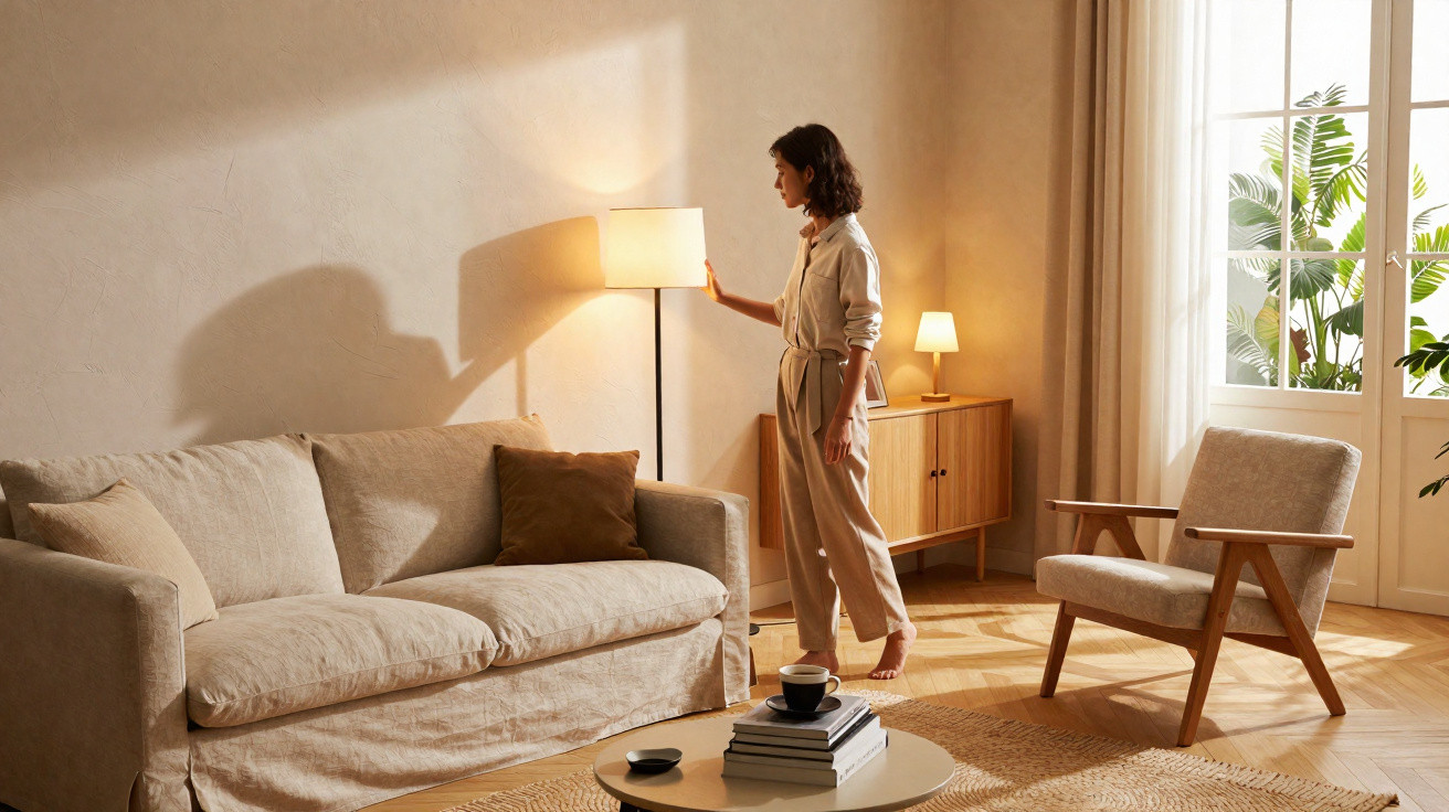 Frau schaltet Stehlampe in gemütlichem Wohnzimmer mit Sofa, Sessel und viel Tageslicht ein.