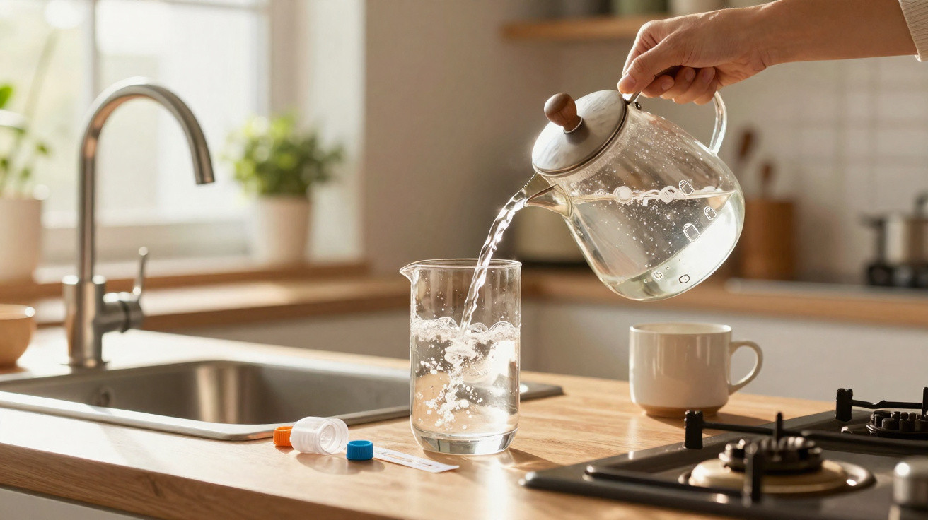 Wasser wird aus einer Glaskanne in ein Glas auf einer Küchenarbeitsplatte gegossen, daneben Medikamente.